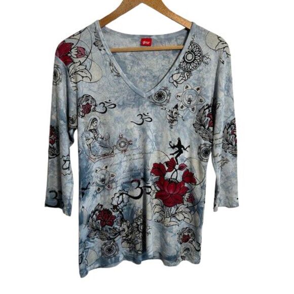 Glima Top Womens L Blue Om Lotus Flower Hippie V Neck 3/4 Sleeve Cotton - Picture 1 of 8